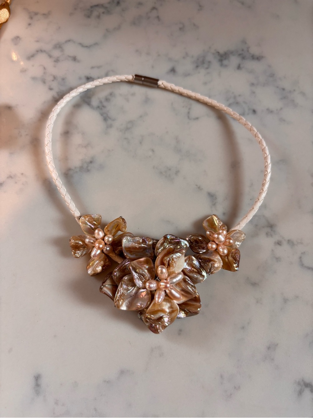 Handcrafted Pearl Flower Necklace - Pink and Gold